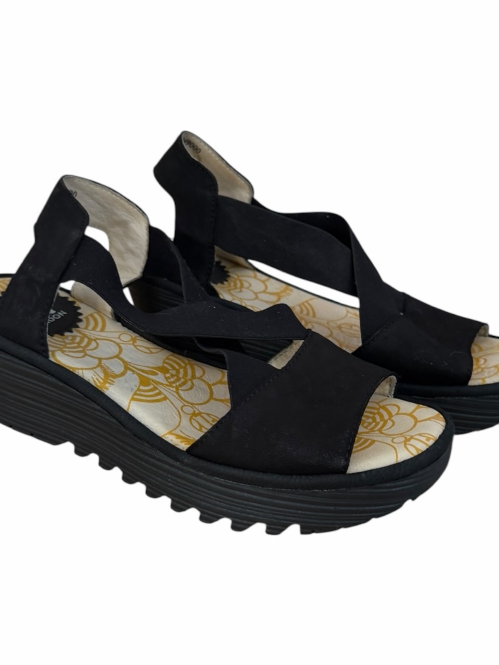Fly London Yaji888fly Black Leather Crisscross Elastic Wedge Sandals Sz 35 US 5 - Picture 3 of 9